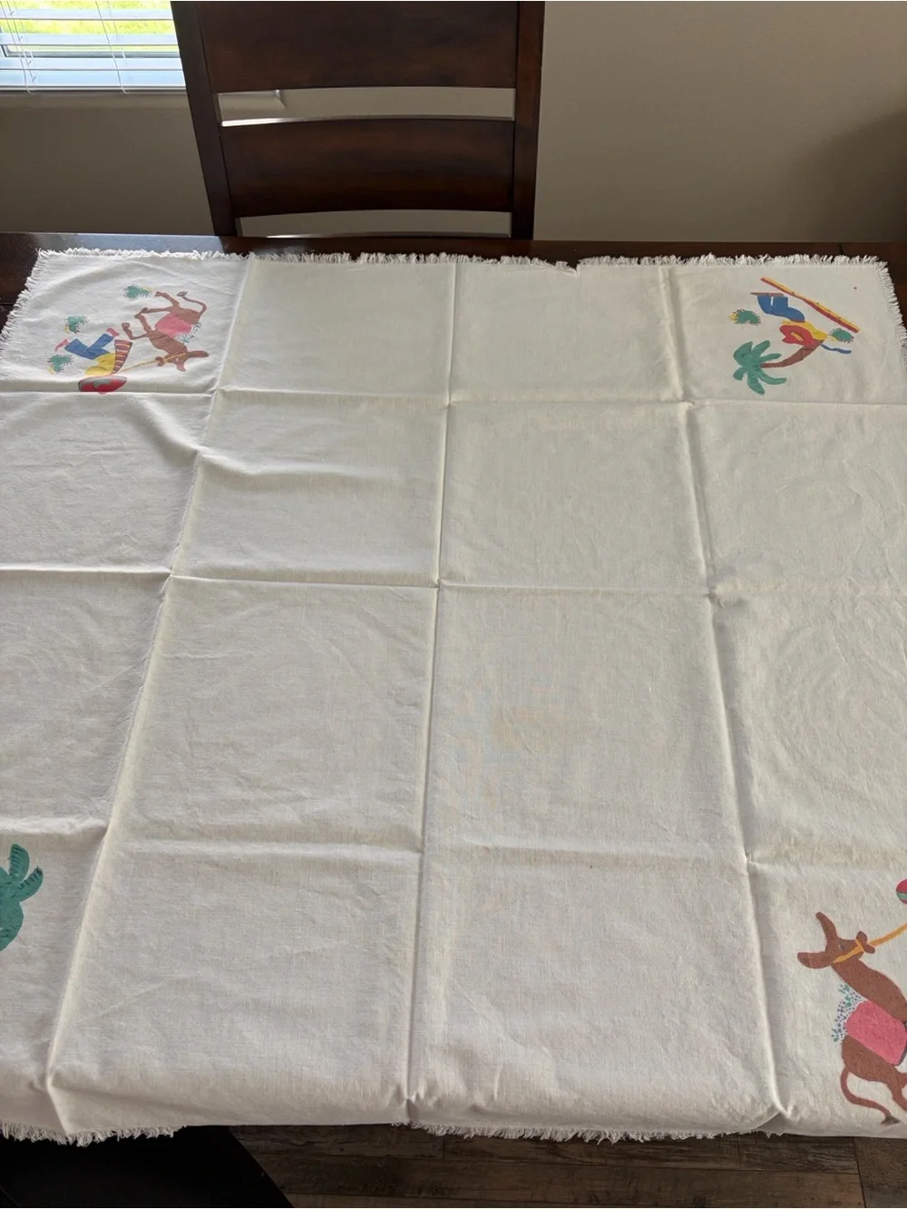 Vintage Mexican Folk Art Stamped card table tablecloth